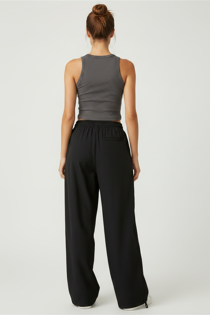 Pantalon Fluide Noir Ample Sportif Rayures Blanches - Polyester - vue 2
