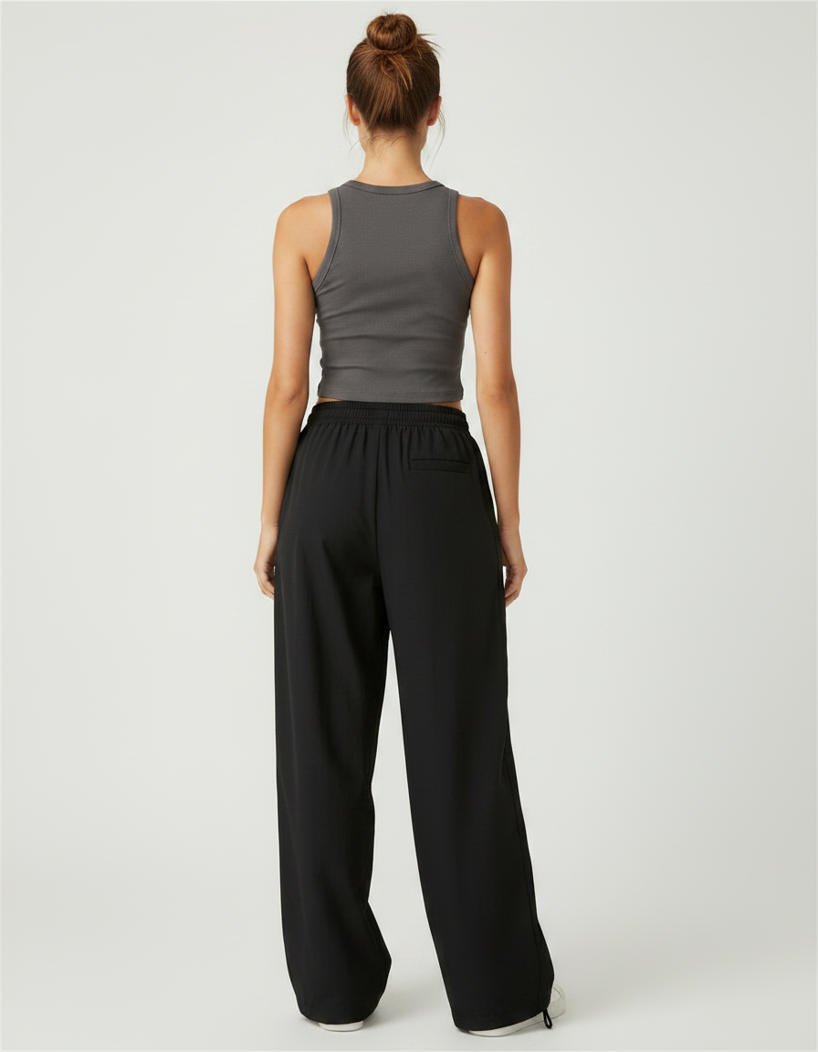 Pantalon Fluide Noir Ample Sportif Rayures Blanches - Polyester - vue 2