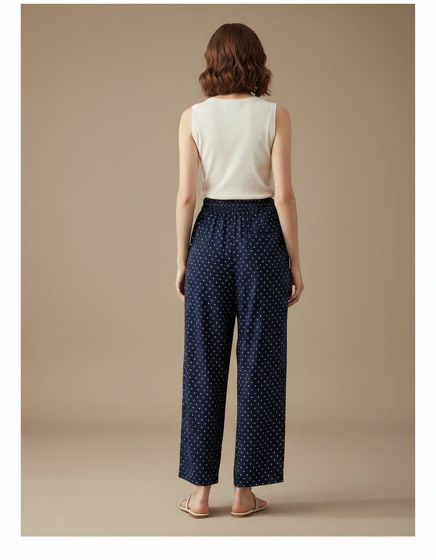 Pantalon Fluide Bleu Marine Pois Ample Décontracté Femme - Viscose - vue 2
