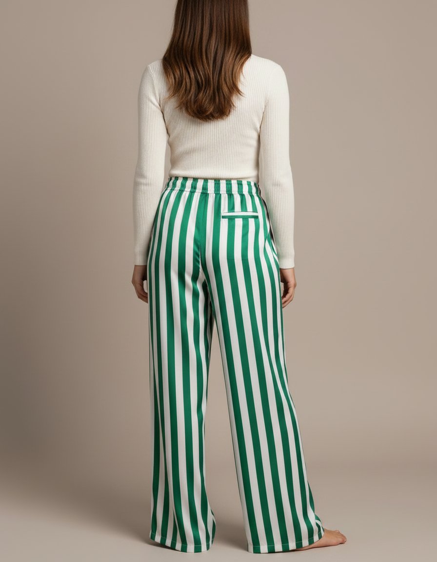 Pantalon Fluide Vert Rayé Ample Cordon Décontracté - Satin - vue 2