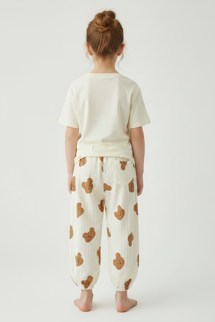 Pantalon Fluide Écru Côtelé Ample Imprimé Oursons Coton - Beige - vue 2