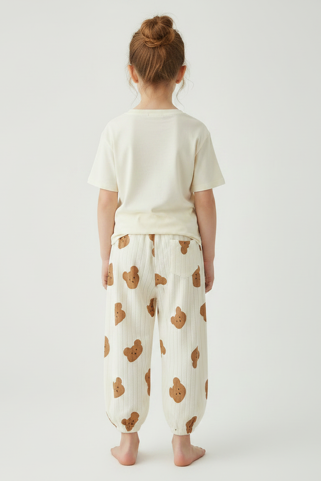 Pantalon Fluide Écru Côtelé Ample Imprimé Oursons Coton - Beige - vue 2