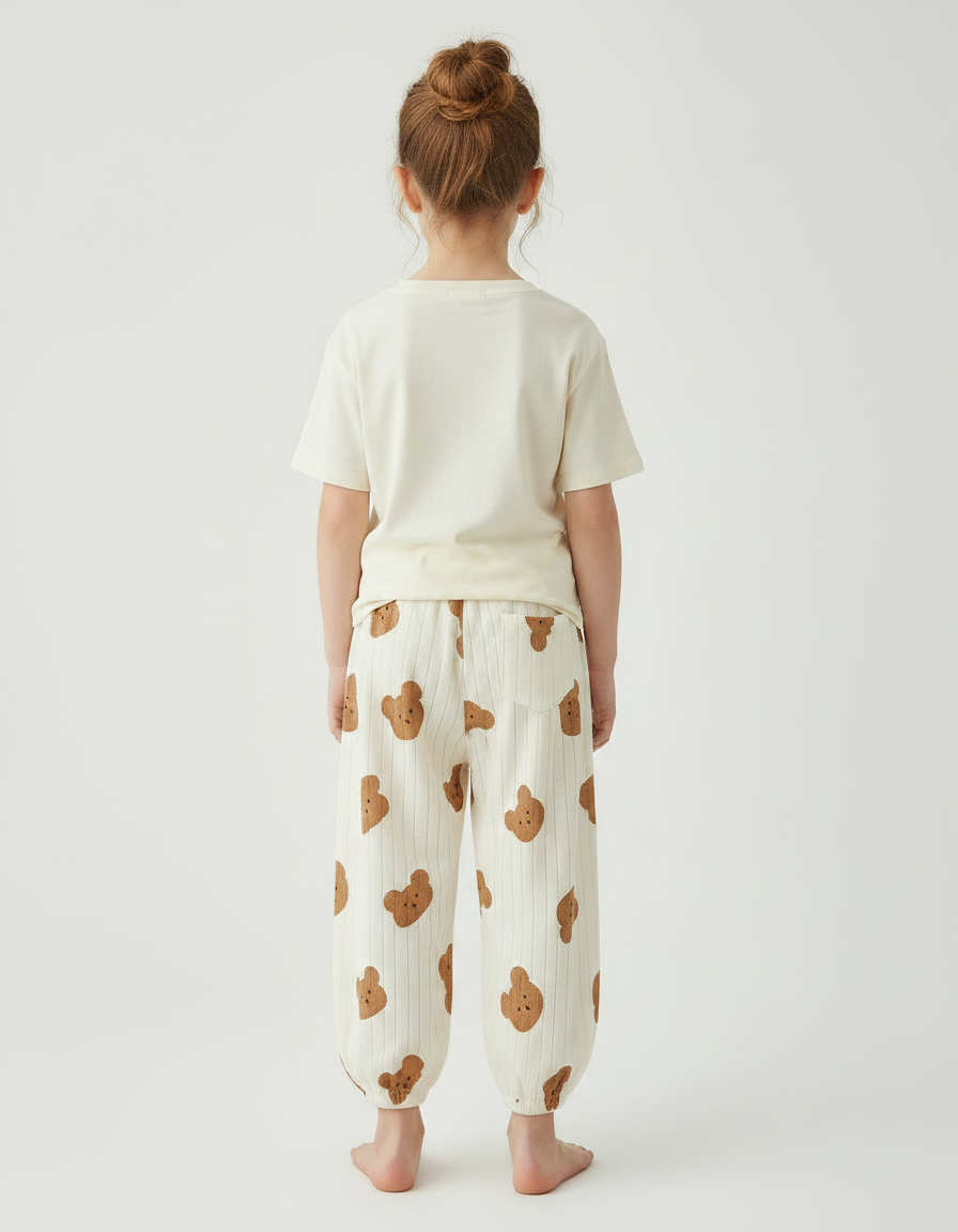 Pantalon Fluide Écru Côtelé Ample Imprimé Oursons Coton - Beige - vue 2