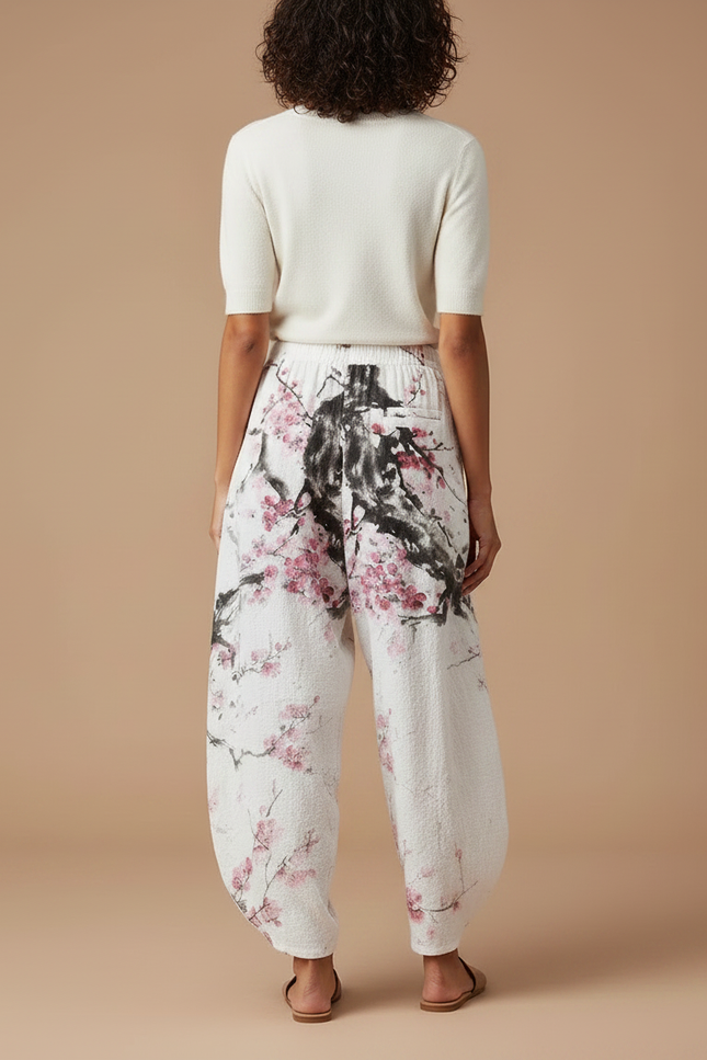 Pantalon Fluide Blanc Imprimé Floral Ample Bohème Femme - Lin - vue 2