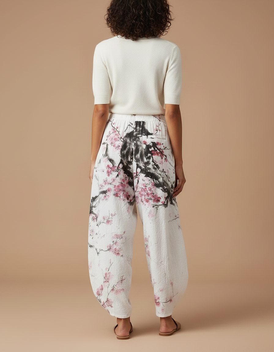 Pantalon Fluide Blanc Imprimé Floral Ample Bohème Femme - Lin - vue 2