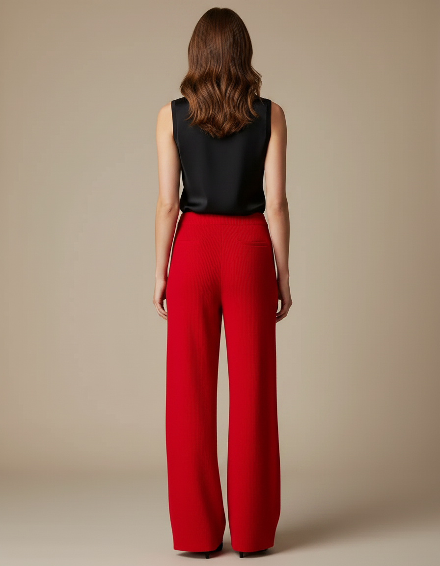 Pantalon Fluide Rouge Maille Large Confortable Femme - vue 2