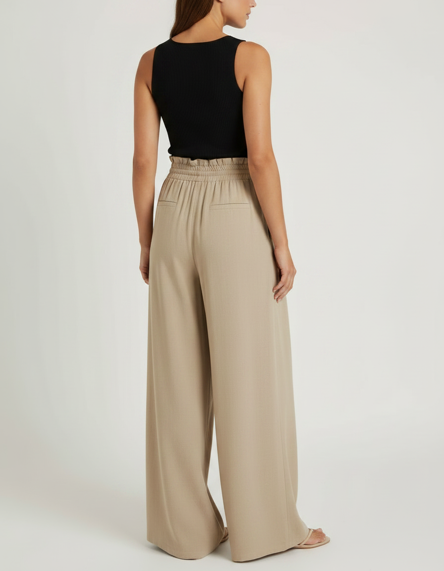 Pantalon Fluide Kaki Ample Taille Haute Cordon - Viscose - vue 2
