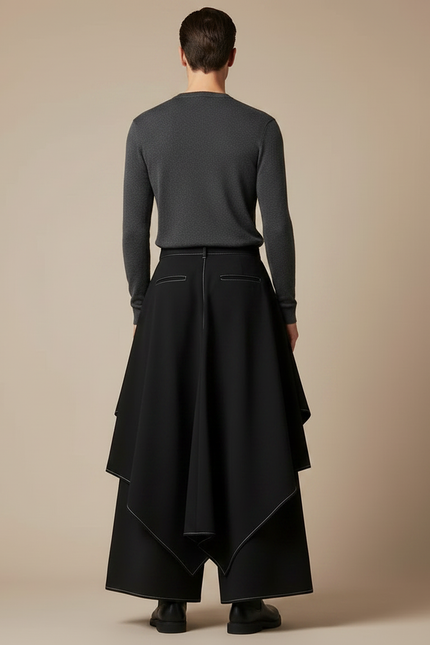 Pantalon Fluide Noir Ample Asymétrique Unisexe Moderne - Polyester - vue 2