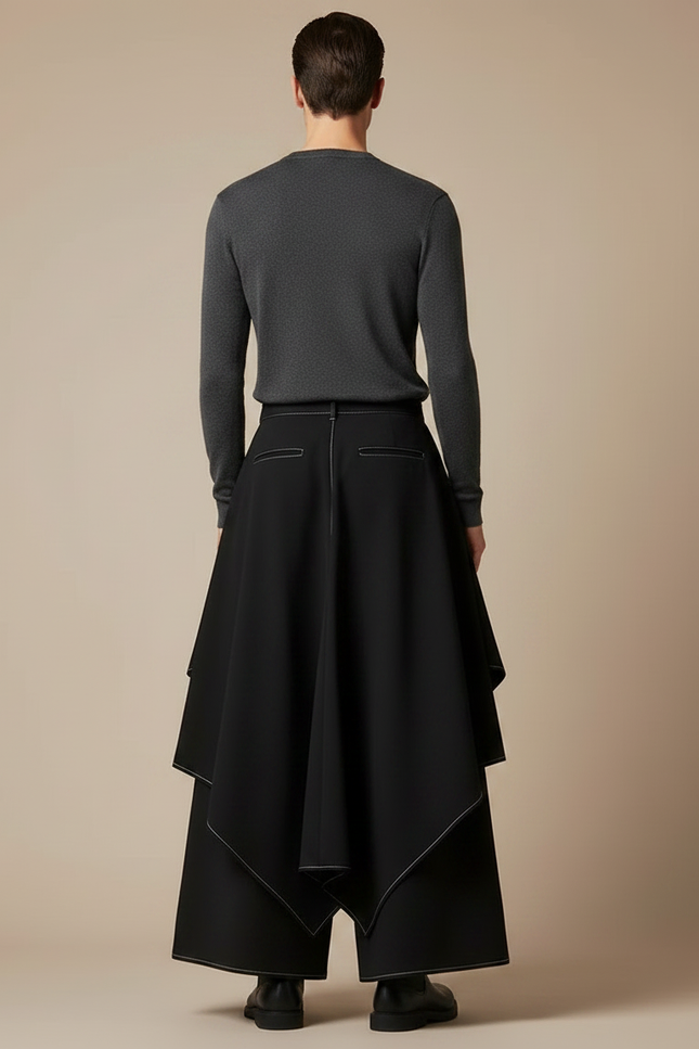 Pantalon Fluide Noir Ample Asymétrique Unisexe Moderne - Polyester - vue 2