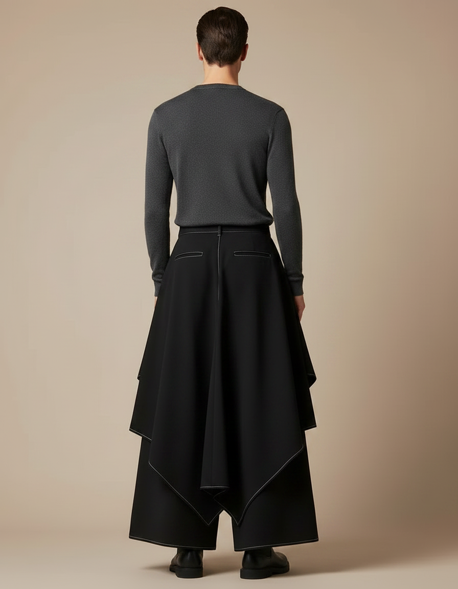 Pantalon Fluide Noir Ample Asymétrique Unisexe Moderne - Polyester - vue 2