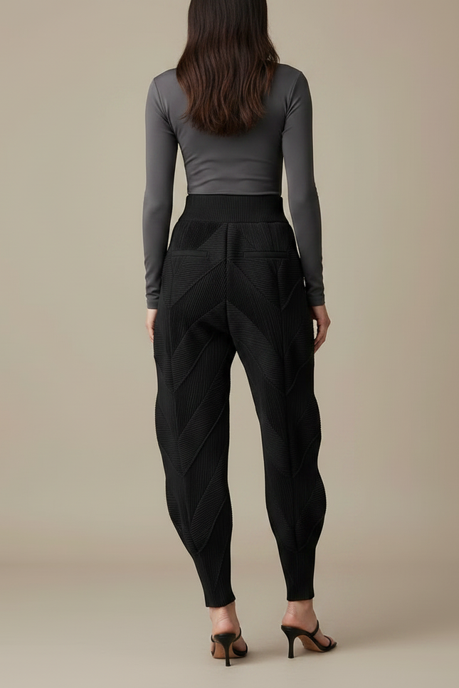 Pantalon Fluide Plissé Noir Ample Chevrons Femme Élégant - Polyester - vue 2