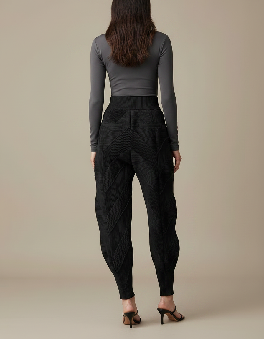 Pantalon Fluide Plissé Noir Ample Chevrons Femme Élégant - Polyester - vue 2