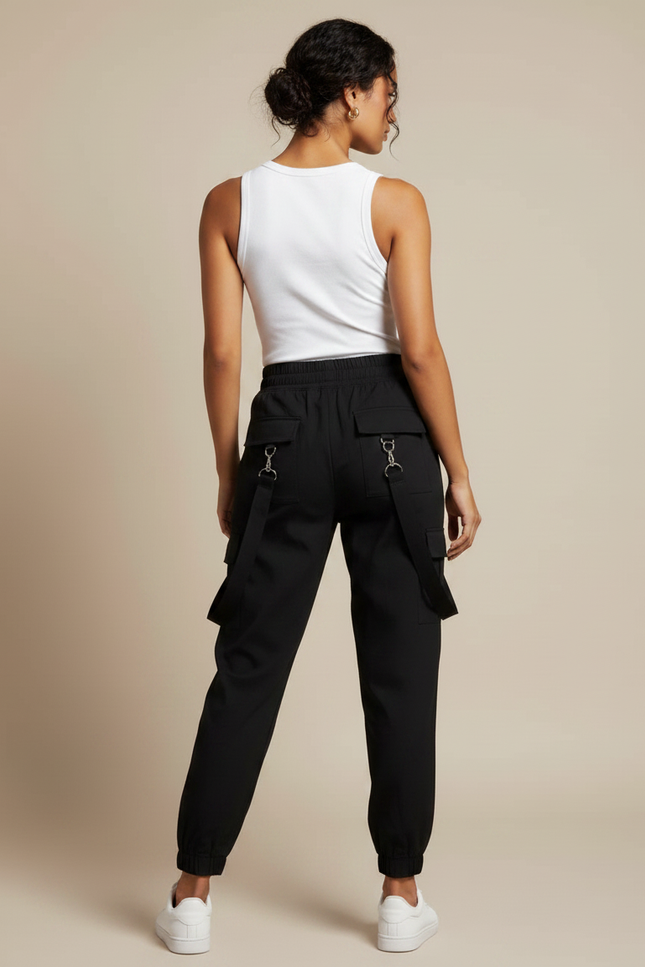 Pantalon Fluide Noir Cargo Bretelles Décontracté Streetwear - Gabardine - vue 2