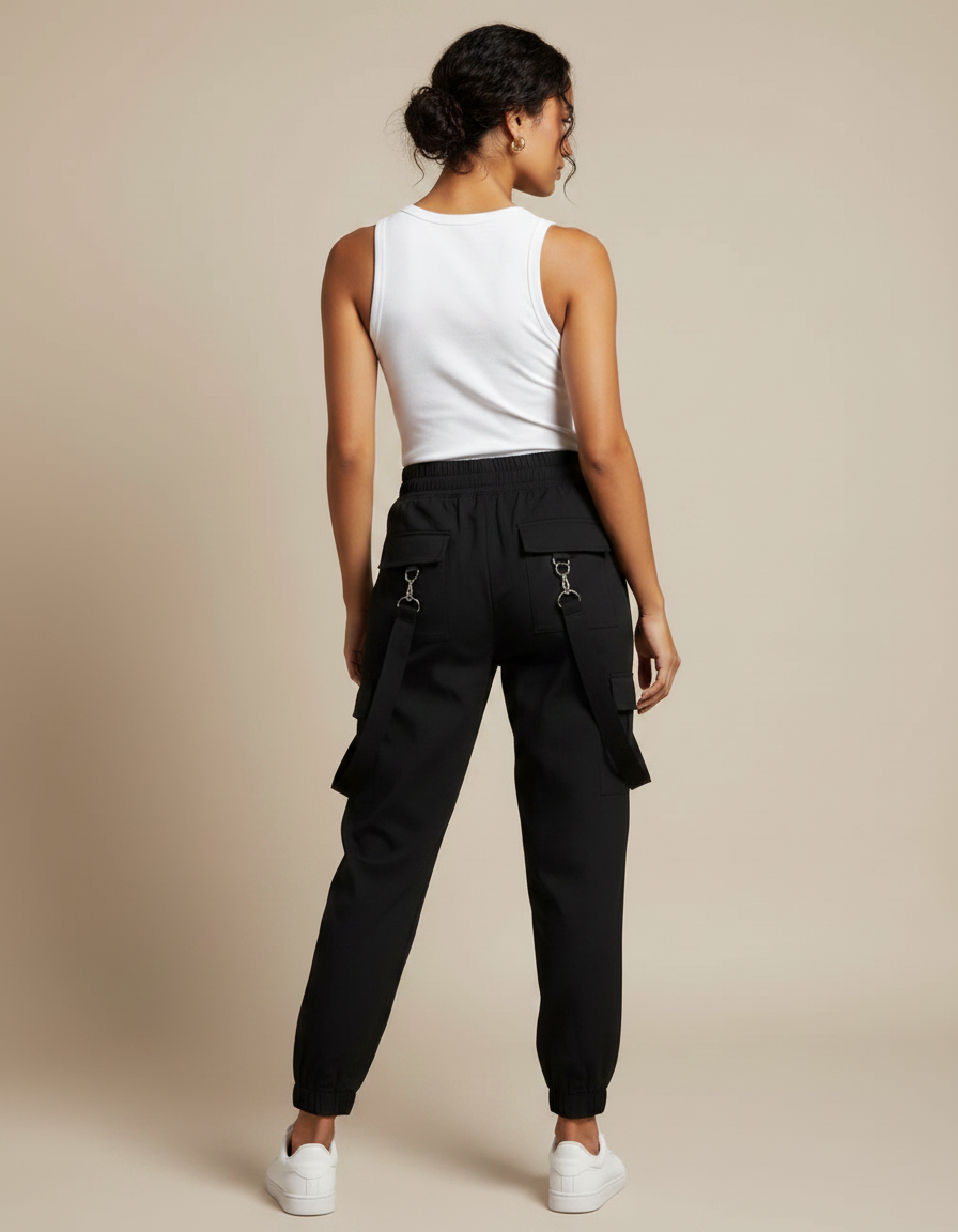 Pantalon Fluide Noir Cargo Bretelles Décontracté Streetwear - Gabardine - vue 2