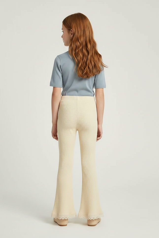 Pantalon Fluide Côtelé Écru Évasé Dentelle Fille - Beige Maille - vue 2