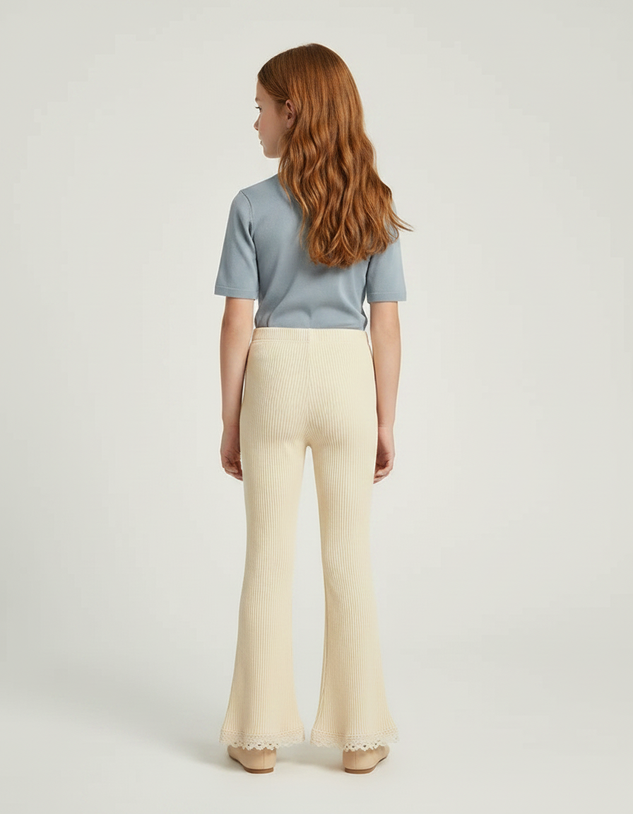 Pantalon Fluide Côtelé Écru Évasé Dentelle Fille - Beige Maille - vue 2
