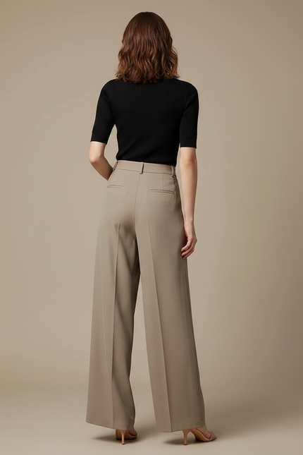 Pantalon Fluide Femme Taille Haute Chic - Beige Polyester - vue 2