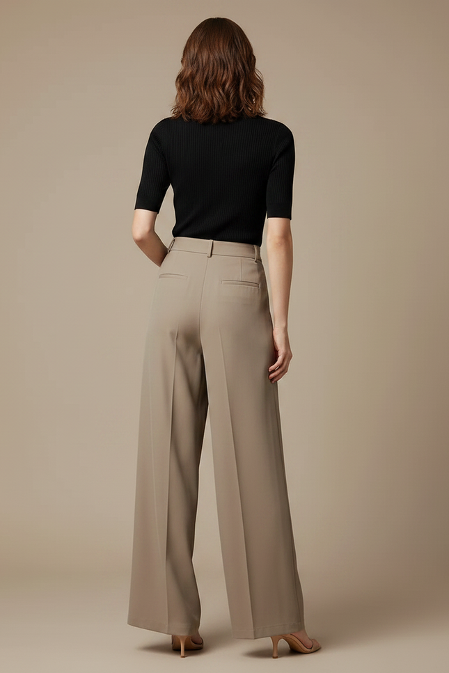 Pantalon Fluide Femme Taille Haute Chic - Beige Polyester - vue 2