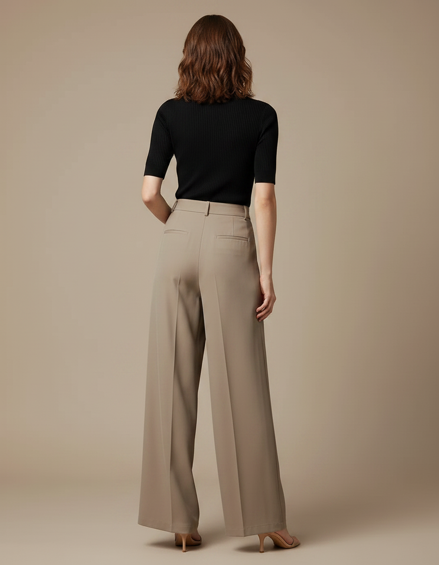 Pantalon Fluide Femme Taille Haute Chic - Beige Polyester - vue 2