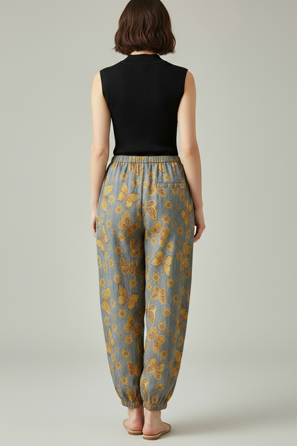 Pantalon Fluide Gris Ample Papillons Été Femme - Lin - vue 2