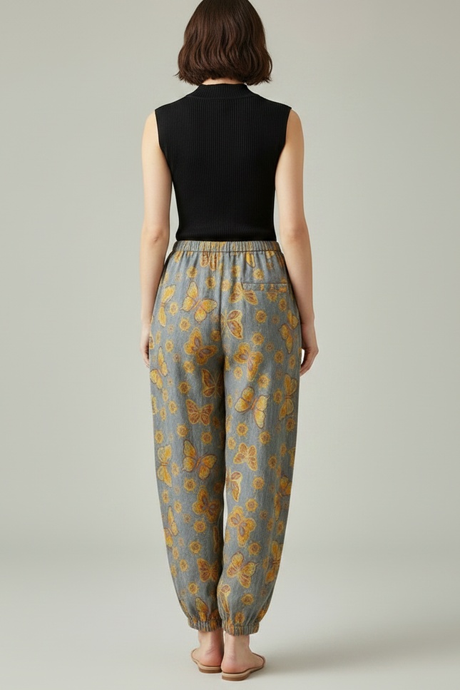 Pantalon Fluide Gris Ample Papillons Été Femme - Lin - vue 2