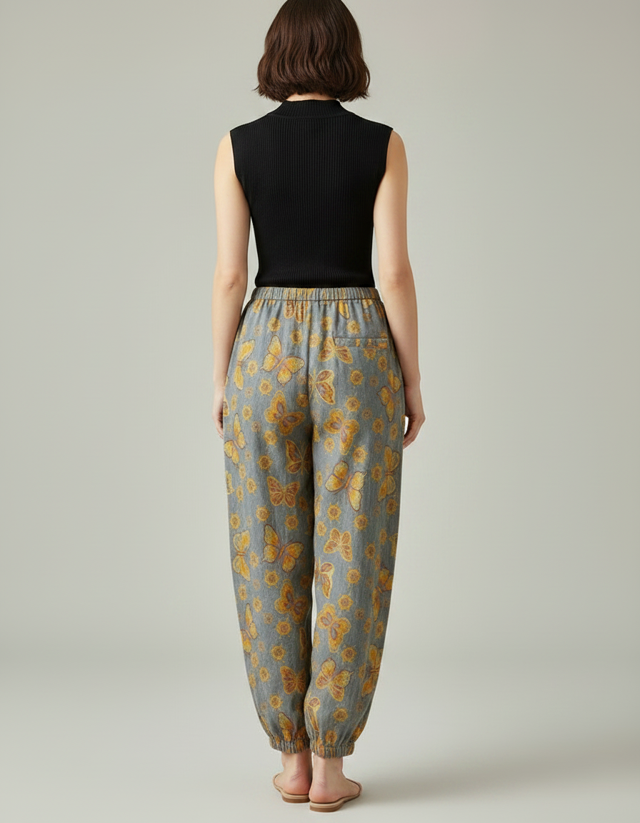 Pantalon Fluide Gris Ample Papillons Été Femme - Lin - vue 2