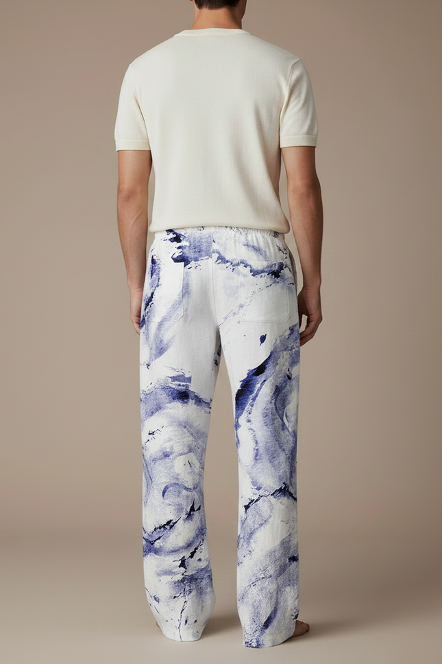 Pantalon Fluide Blanc Bleu Imprimé Abstrait Décontracté Homme - Lin - vue 2
