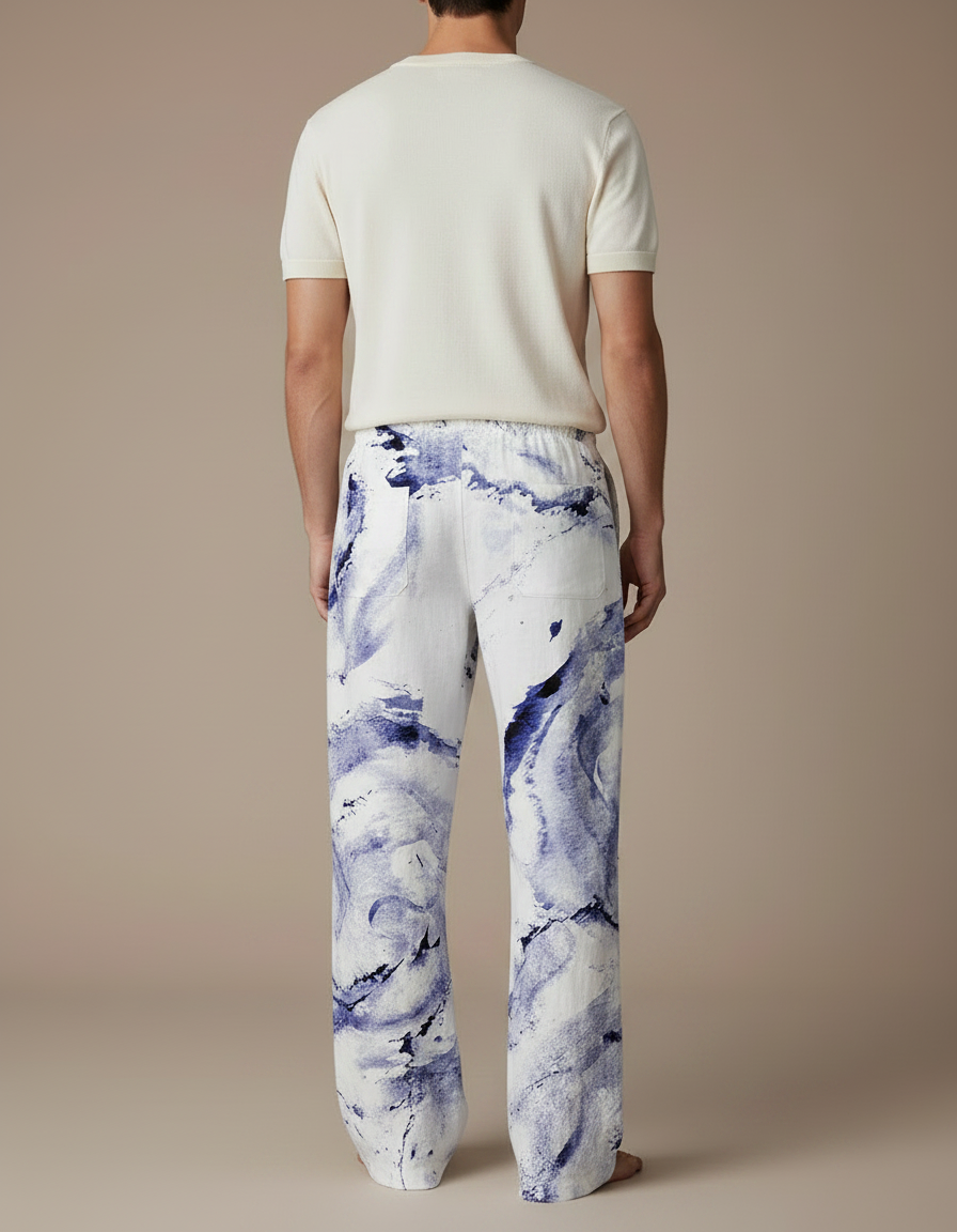 Pantalon Fluide Blanc Bleu Imprimé Abstrait Décontracté Homme - Lin - vue 2