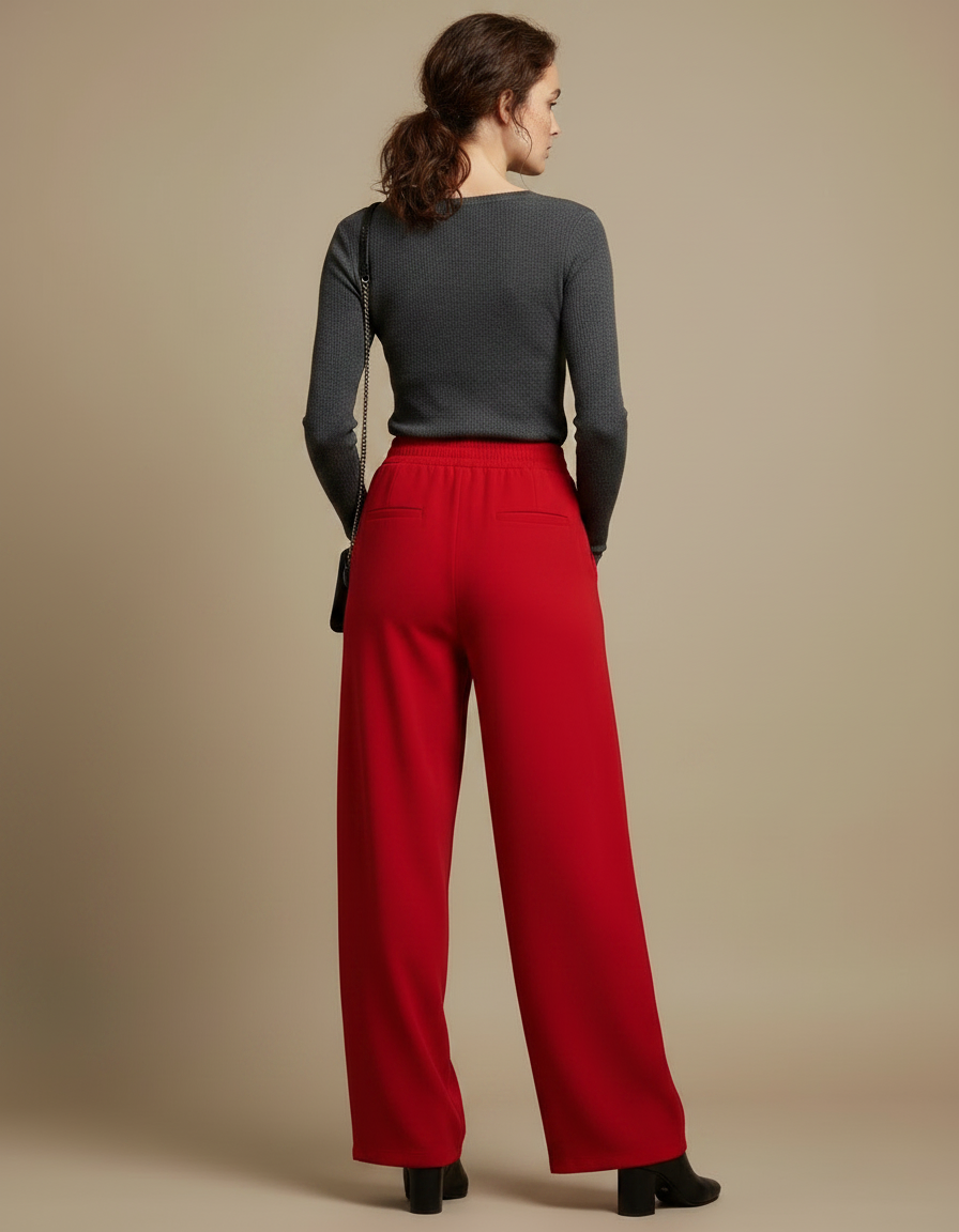 Pantalon Fluide Rouge Ample Taille Haute Femme Élégant - Viscose - vue 2
