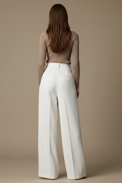Pantalon Fluide Blanc Ample Taille Haute Élégant Plissé - Polyester - vue 2