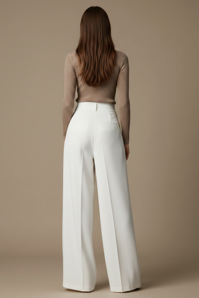 Pantalon Fluide Blanc Ample Taille Haute Élégant Plissé - Polyester - vue 2