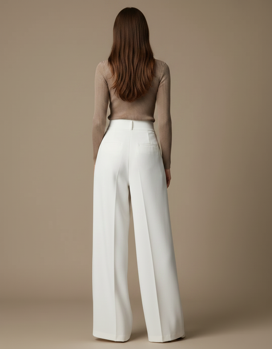 Pantalon Fluide Blanc Ample Taille Haute Élégant Plissé - Polyester - vue 2