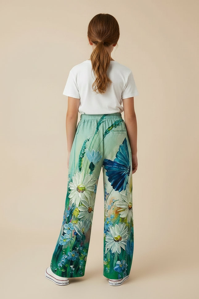 Pantalon Fluide Imprimé Floral Papillon Vert Ample - Viscose - vue 2