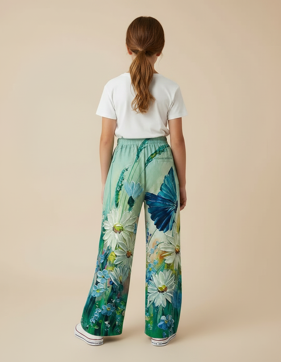 Pantalon Fluide Imprimé Floral Papillon Vert Ample - Viscose - vue 2