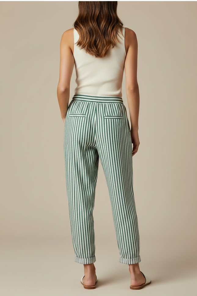 Pantalon Fluide Rayé Vert Blanc Ample Coton - vue 2