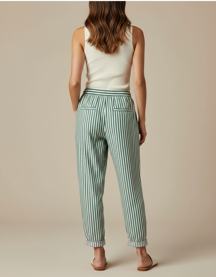 Pantalon Fluide Rayé Vert Blanc Ample Coton - vue 2