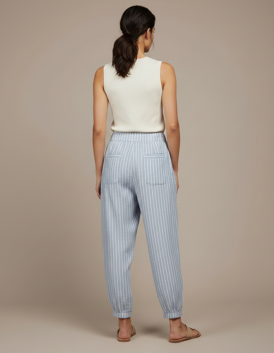Pantalon Fluide Rayé Bleu Blanc Ample Confortable Coton - Lin - vue 2