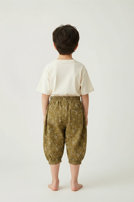 Pantalon Fluide Vert Imprimé Fleuri Ample Enfant - Kaki Coton - vue 2