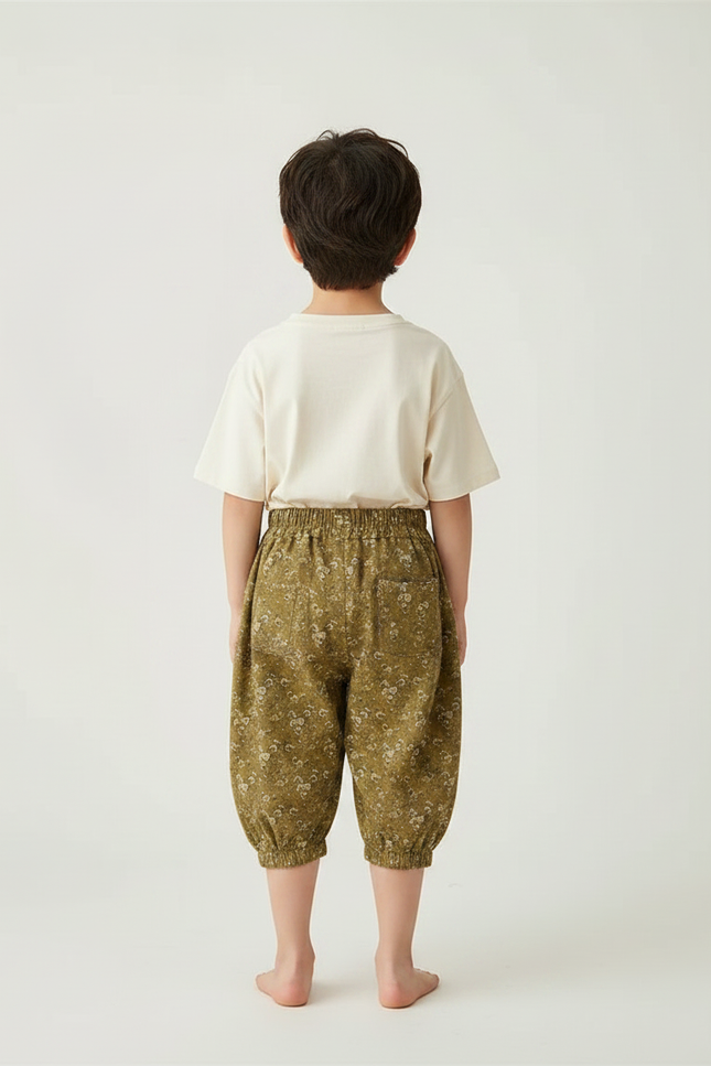 Pantalon Fluide Vert Imprimé Fleuri Ample Enfant - Kaki Coton - vue 2