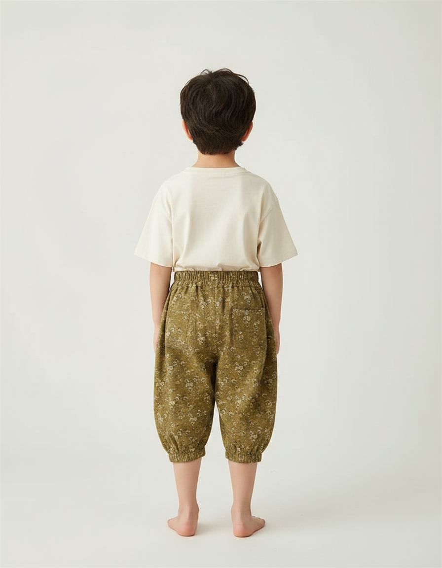 Pantalon Fluide Vert Imprimé Fleuri Ample Enfant - Kaki Coton - vue 2
