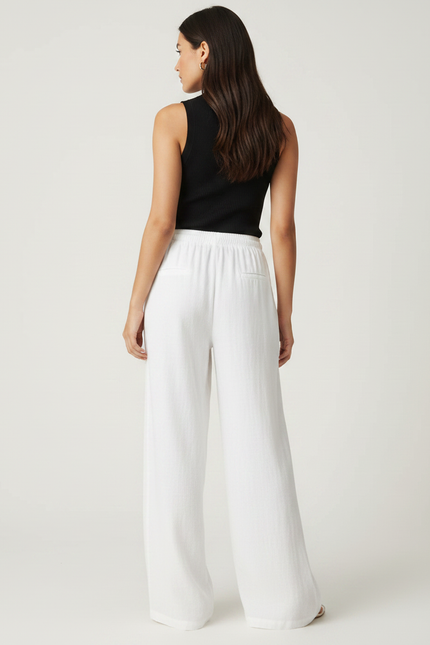 Pantalon Fluide Blanc Ample Lin Cordon Femme - vue 2
