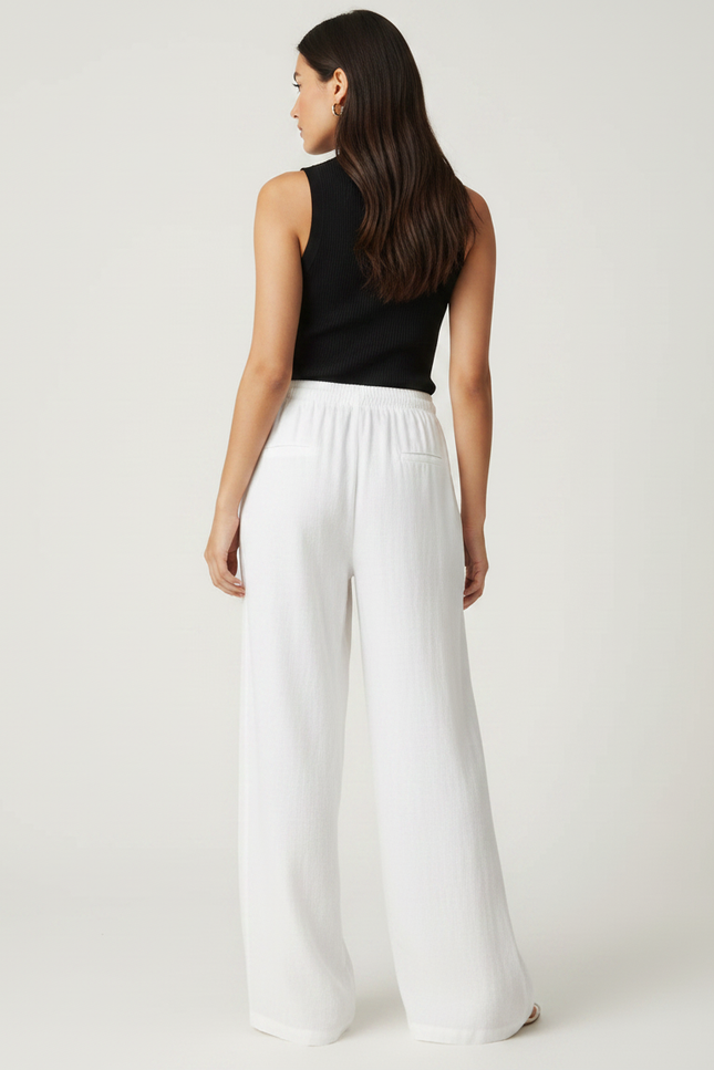 Pantalon Fluide Blanc Ample Lin Cordon Femme - vue 2