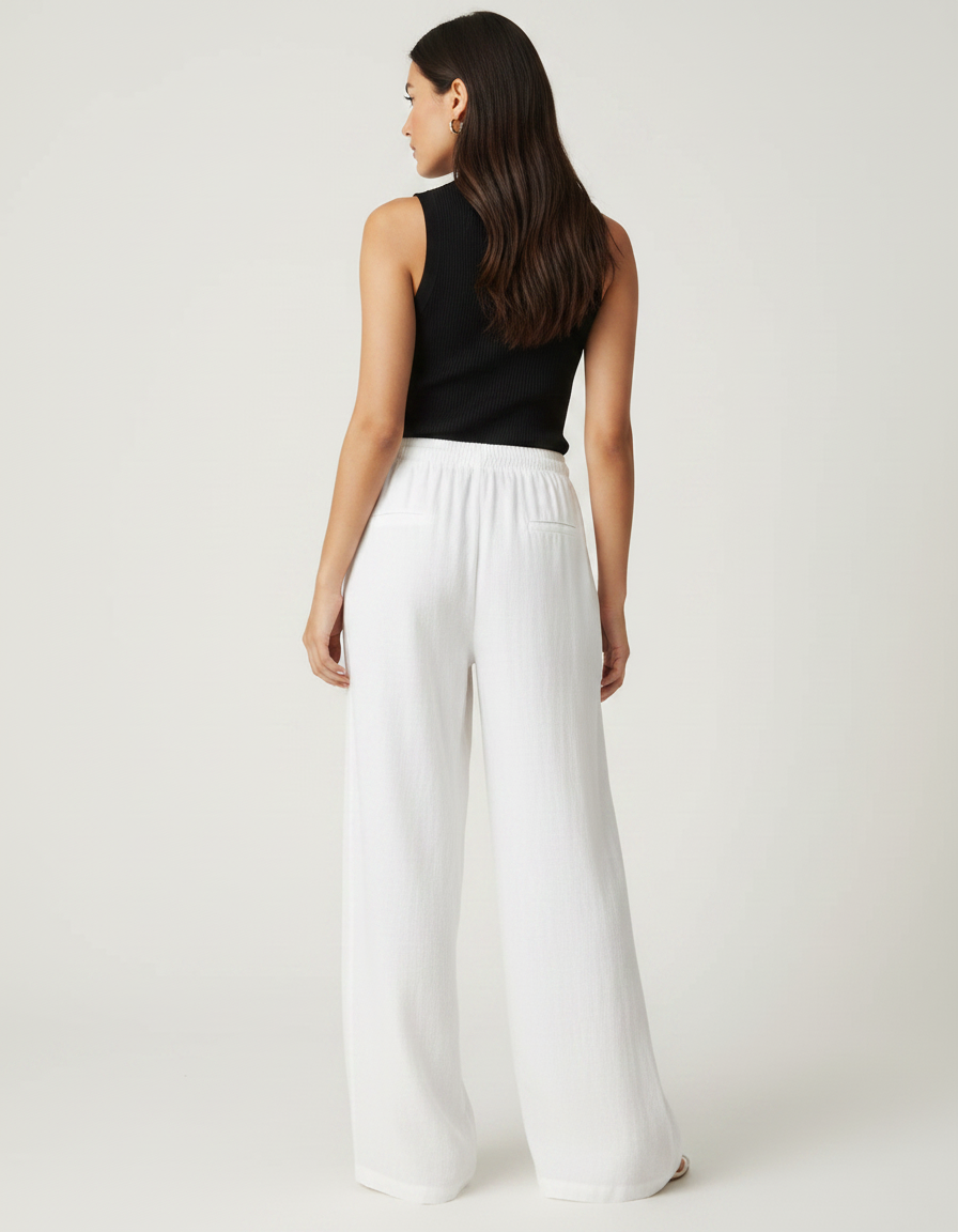 Pantalon Fluide Blanc Ample Lin Cordon Femme - vue 2