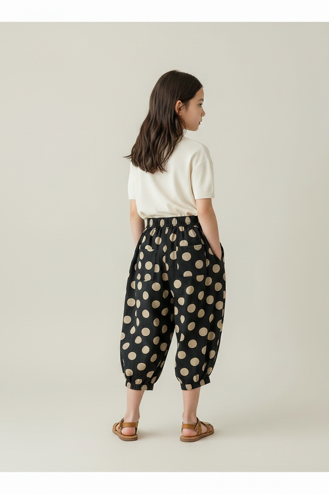 Pantalon Fluide Harem Noir Pois Beige Enfant - Viscose - vue 2