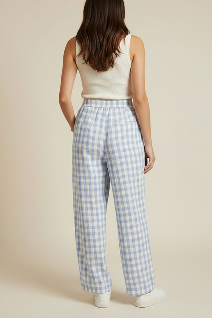 Pantalon Fluide Carreaux Vichy Bleu Ciel Ample Décontracté - Lin - vue 2