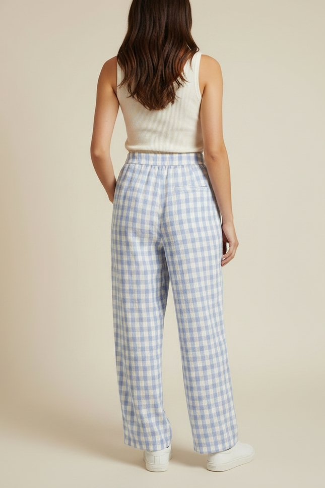 Pantalon Fluide Carreaux Vichy Bleu Ciel Ample Décontracté - Lin - vue 2