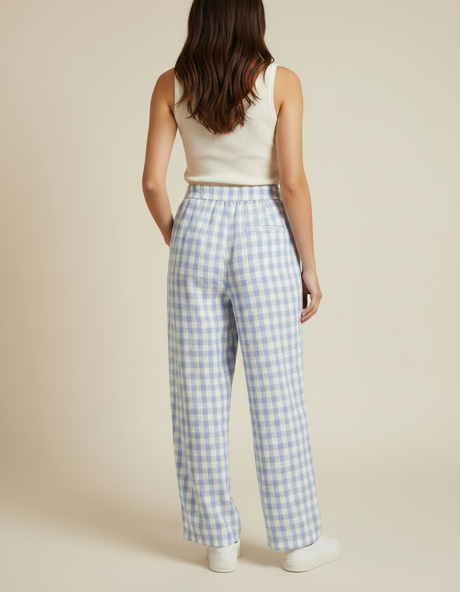 Pantalon Fluide Carreaux Vichy Bleu Ciel Ample Décontracté - Lin - vue 2