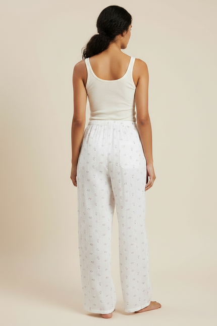 Pantalon Fluide Blanc Fleuri Coton Ample Doux - Imprimé - vue 2