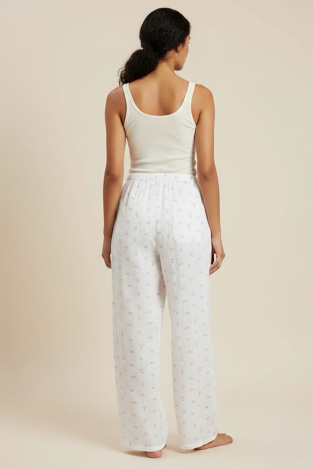 Pantalon Fluide Blanc Fleuri Coton Ample Doux - Imprimé - vue 2