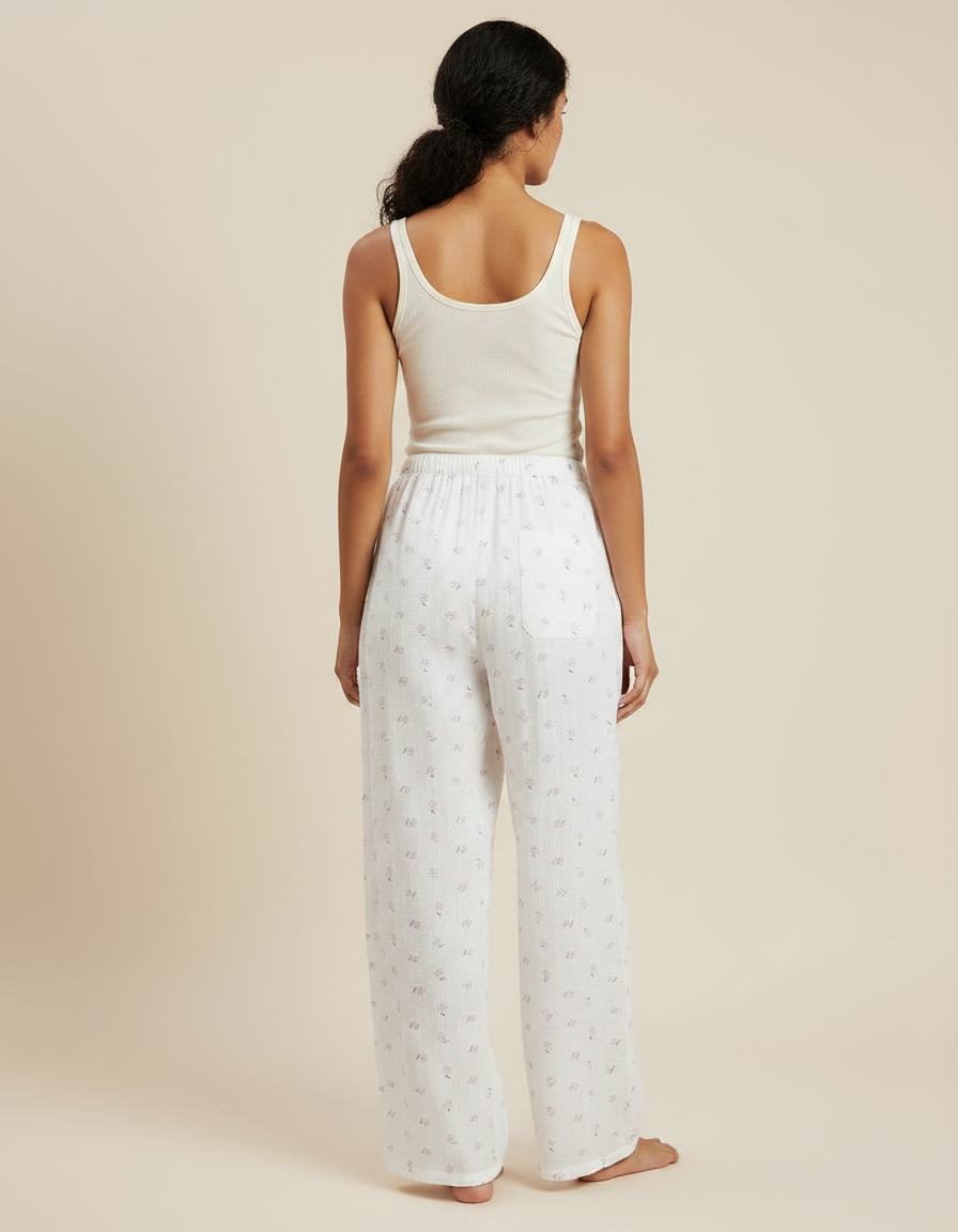 Pantalon Fluide Blanc Fleuri Coton Ample Doux - Imprimé - vue 2